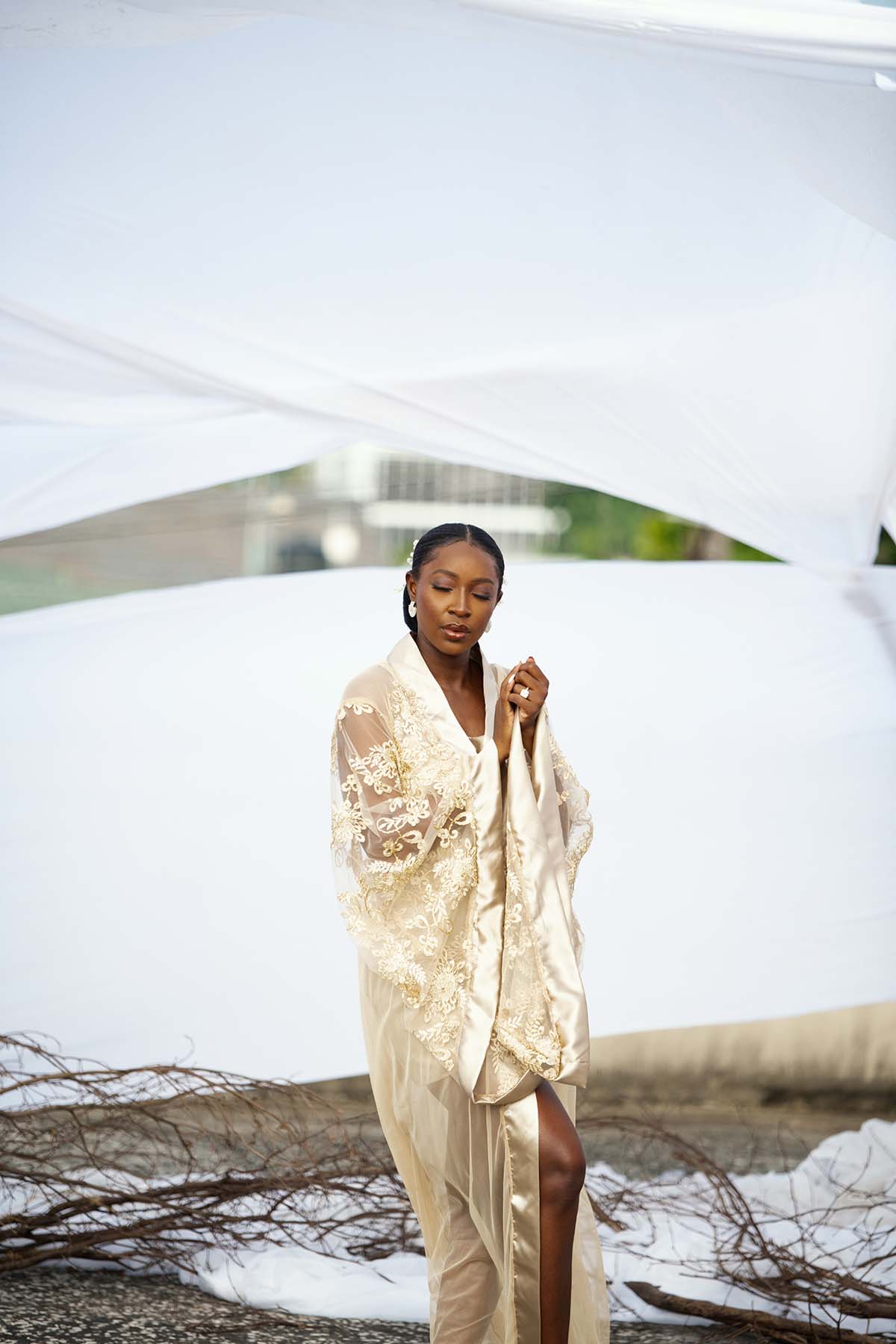Gold Tulle Kimono with Floral Lace Sleeves (3)